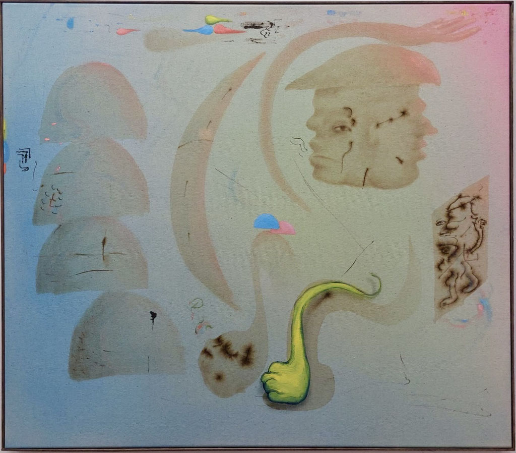 What left behind #1, 2023, Wasserfarbe, Kaffee, Tinte, Acryl und Öl auf Leinwand, 70 x 80 cm (gerahmt 71 x 81 cm)