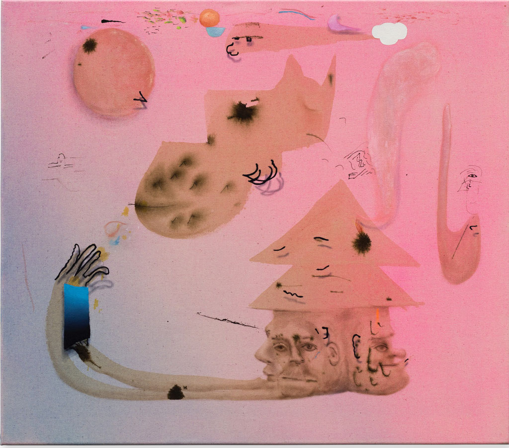 What left behind #2, 2023, Wasserfarbe, Kaffee, Tinte, Acryl und Öl auf Leinwand, 70 x 80 cm (gerahmt 71 x 81 cm)
