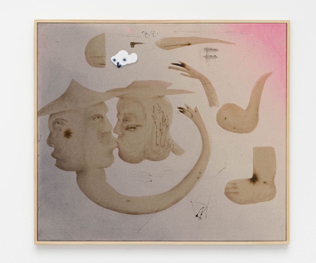 Free Imagination, 2023, Wasserfarbe, Kaffee, Tinte, Acryl und Öl auf Leinwand, 72 x 82 cm