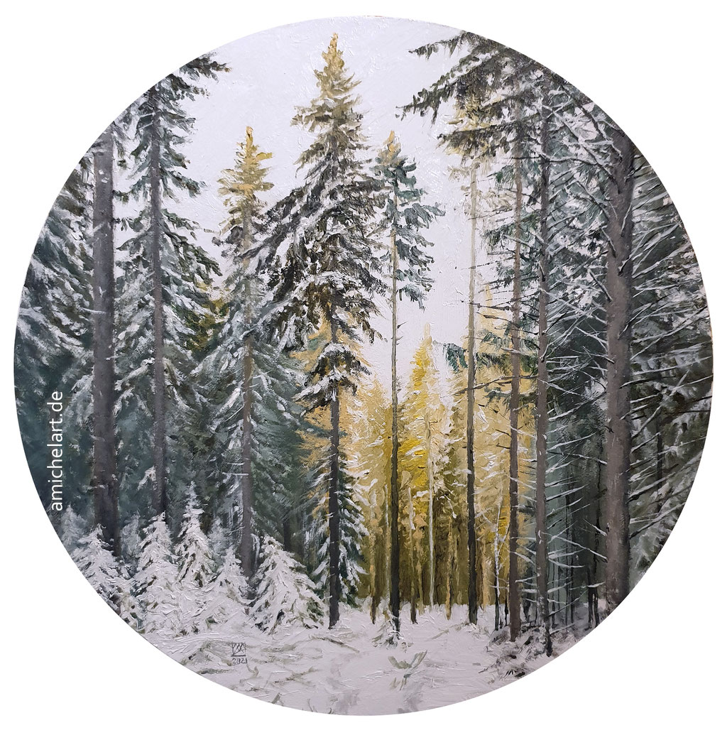 Winterwald - 2021, Durchmesser 25 cm, Öl auf Karton, Motiv aus Neuhaus am Rennweg