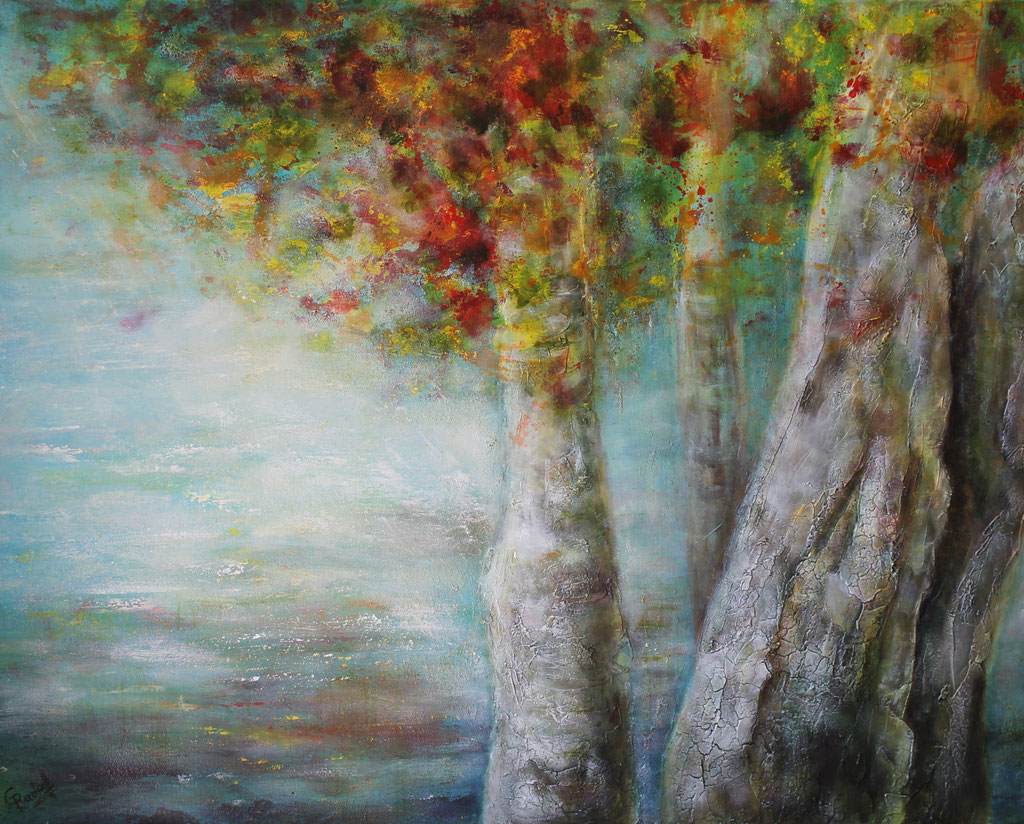 Herbstbirken am See | Acrylmischtechnik | 80cm x 100cm | verkauft