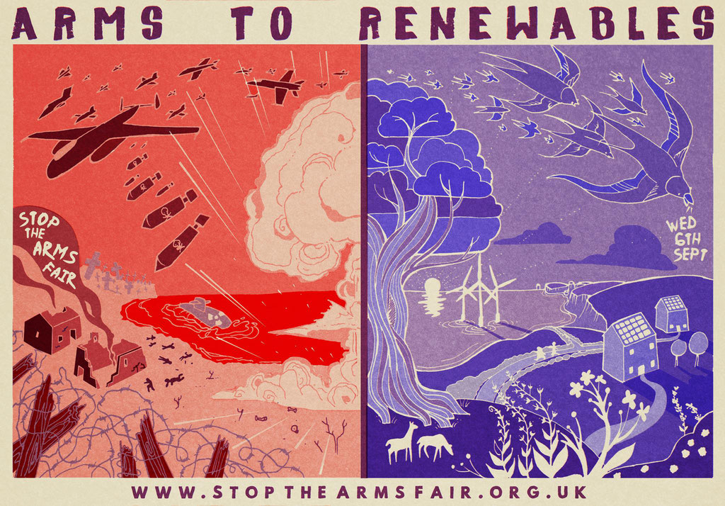 For Campaign Against The Arms Fair during the DESI Arms Fair blockades. 2017. Printed with plant inks (a non-toxic, zero waste printing technique called risography)