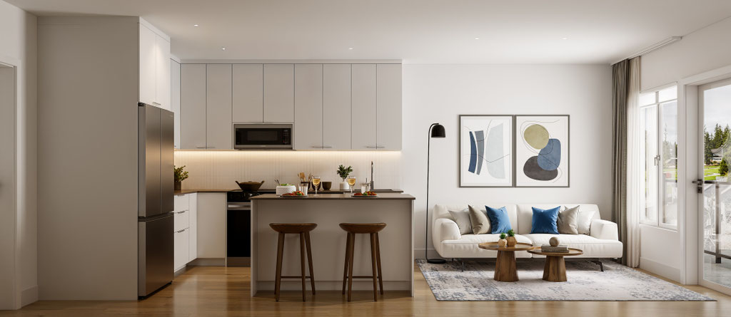 modern residential kitchen visualization with island and soft daylight - Dionis Studio