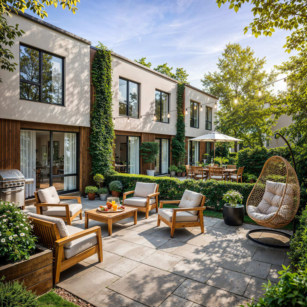 Contemporary backyard patio render. Outdoor lounge furniture, a hanging egg chair, BBQ, and a cozy garden atmosphere.