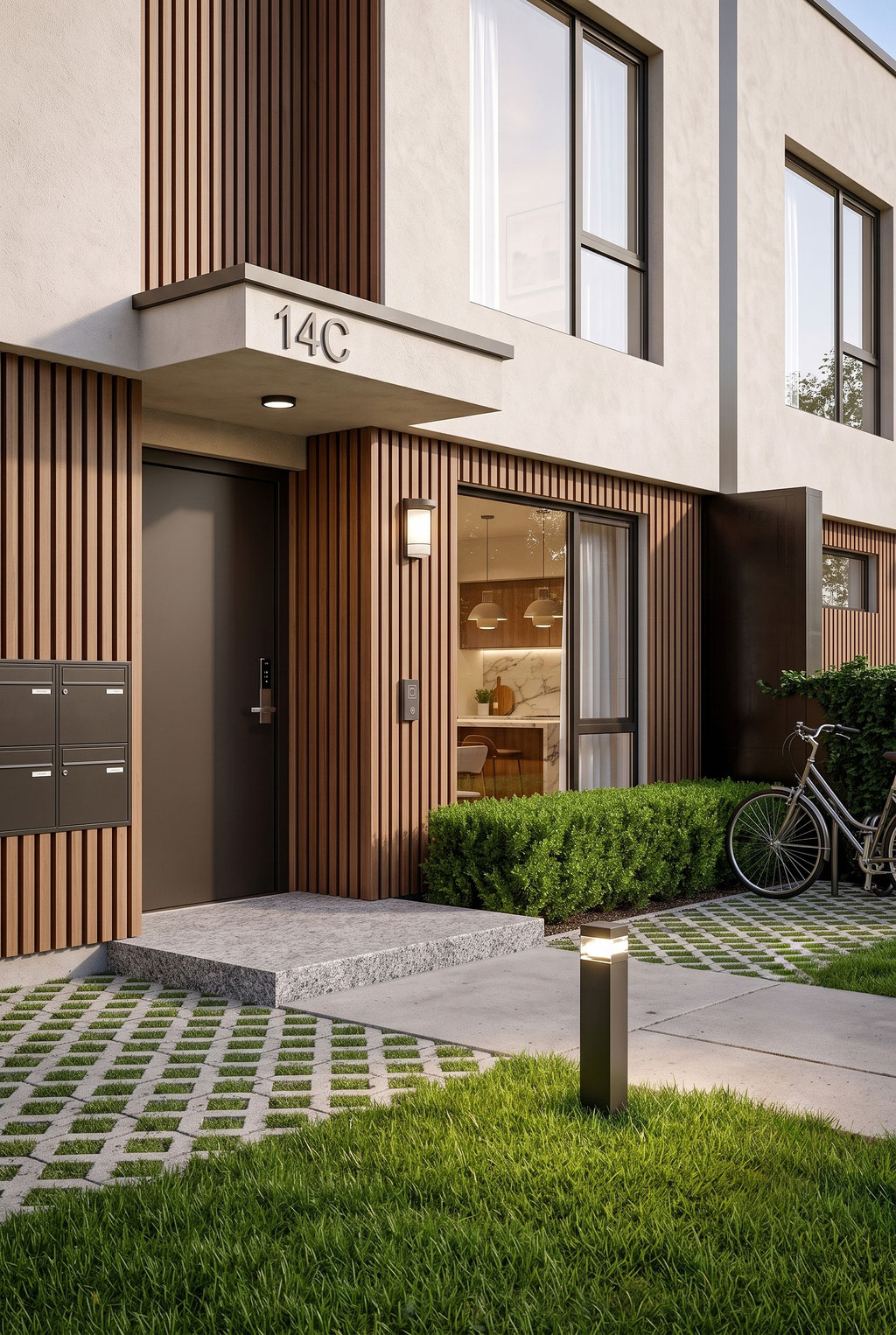 Visual of a modern townhouse entrance (14C). Wood slat facade, glass door, warm light, and modern paving blocks.
