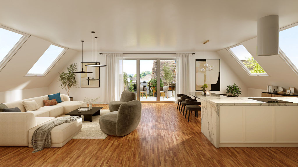 calm modern living room architectural rendering for private house - Dionis Studio
