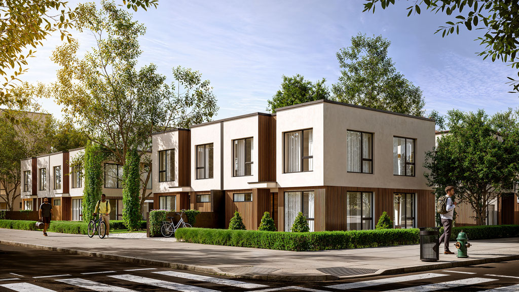 Photorealistic render of modern city townhouses. Street view with pedestrians, bikes, wood facades, and green landscaping.