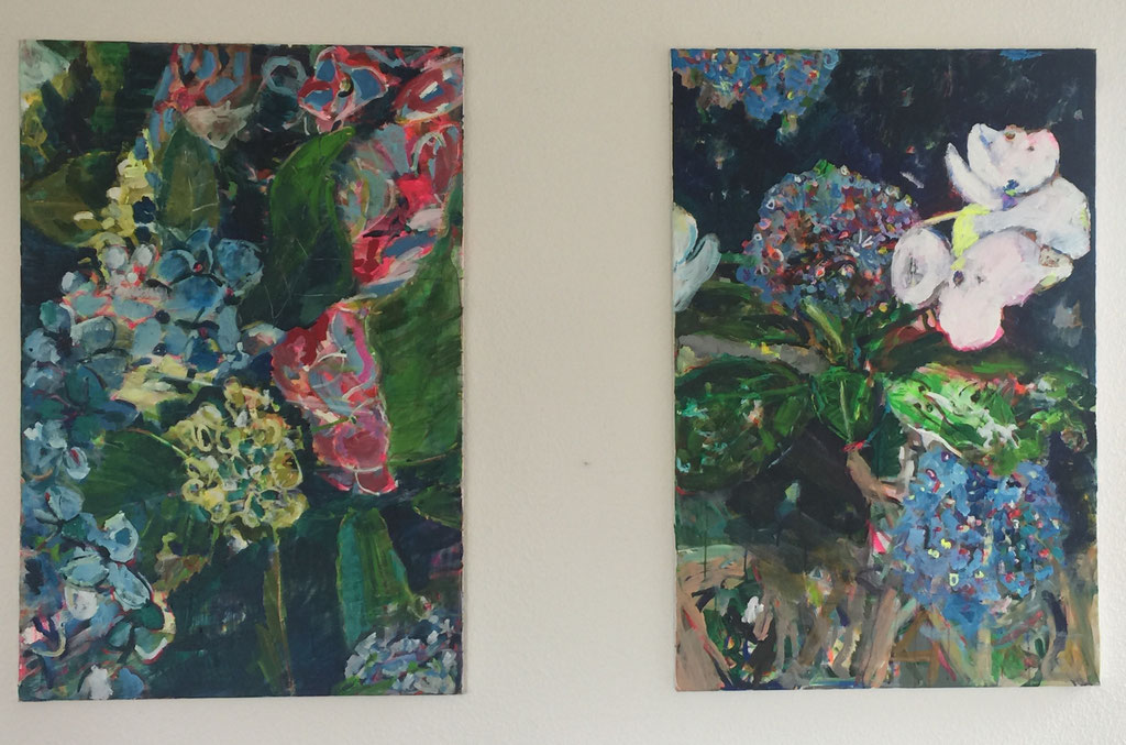 Hortensien 2 und 3,  je 120x80,  acrylic on canvas, 2 sold 