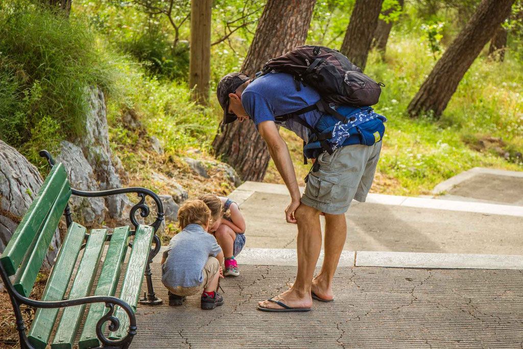 Climbing steps with kids in Marjan Park in Split Croatia