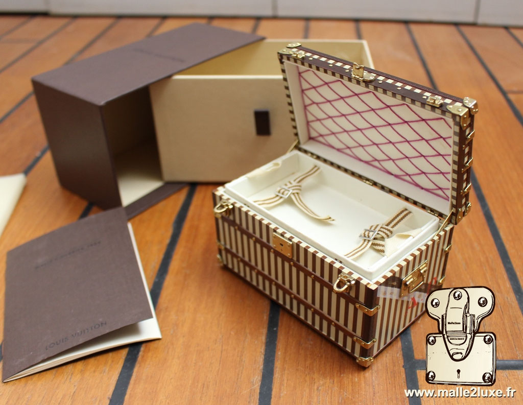 Luxury Louis Vuitton vintage-inspired mini trunk, featuring original Courrier design with historic A.P. initials.