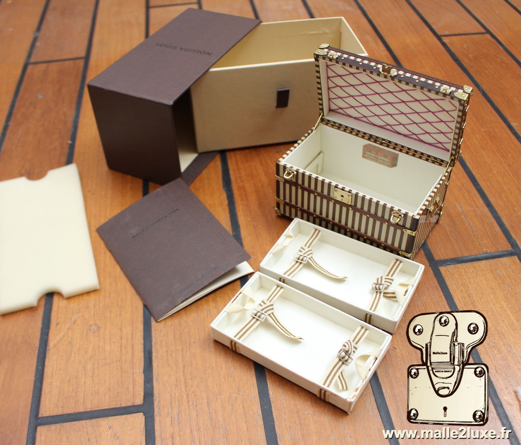 Detail view of beige and brown striped Louis Vuitton mini trunk replica, perfect for collectors and luxury lovers.