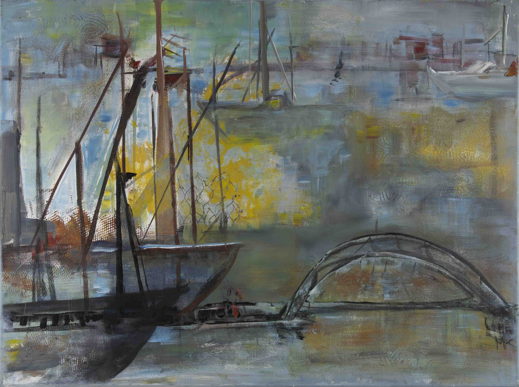 Monika Krömer - Hafen mit Brücke, 80 x 60 cm, Acryl auf Leinwand