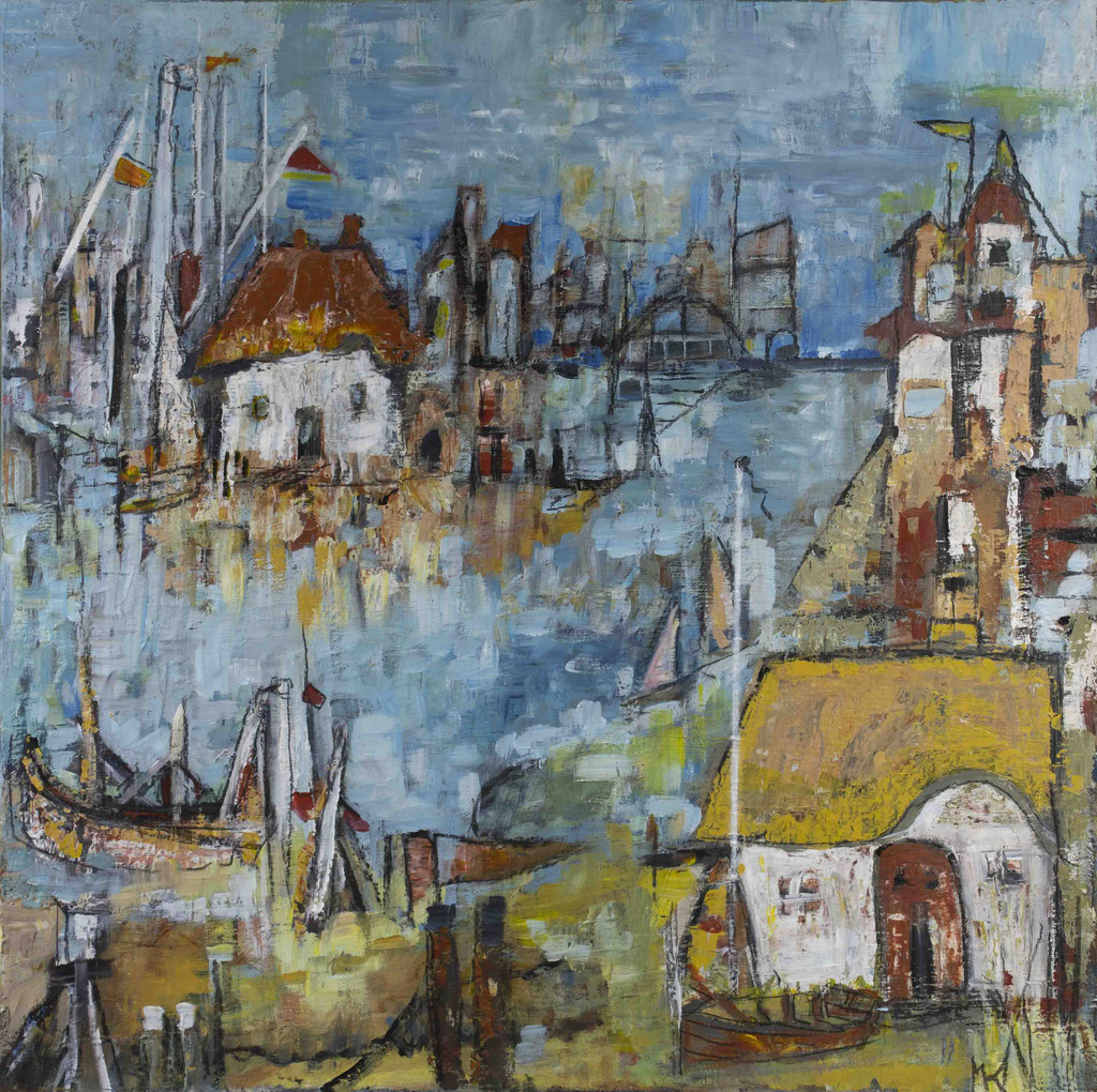 Monika Krömer - Hafen mit Kate, 100 x 100 cm, Acryl auf Leinwand