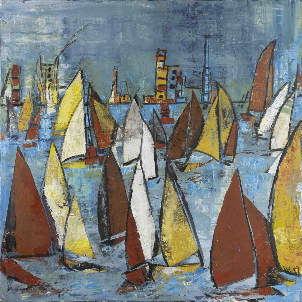 Monika Krömer - dunkelrote Segel, 100 x 100 cm, Acryl auf Leinwand