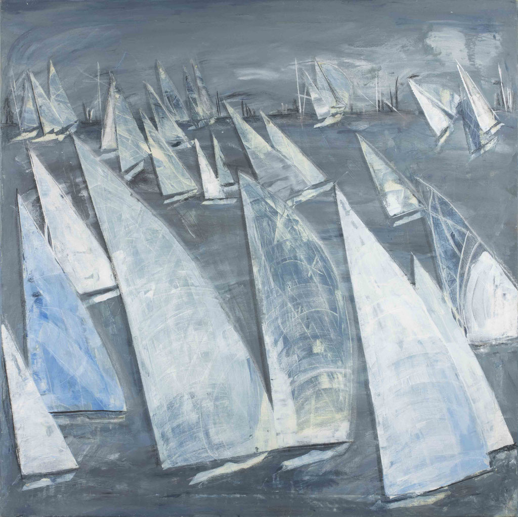 Monika Krömer - blaue Segel, 100 x 100 cm, Acryl auf Leinwand