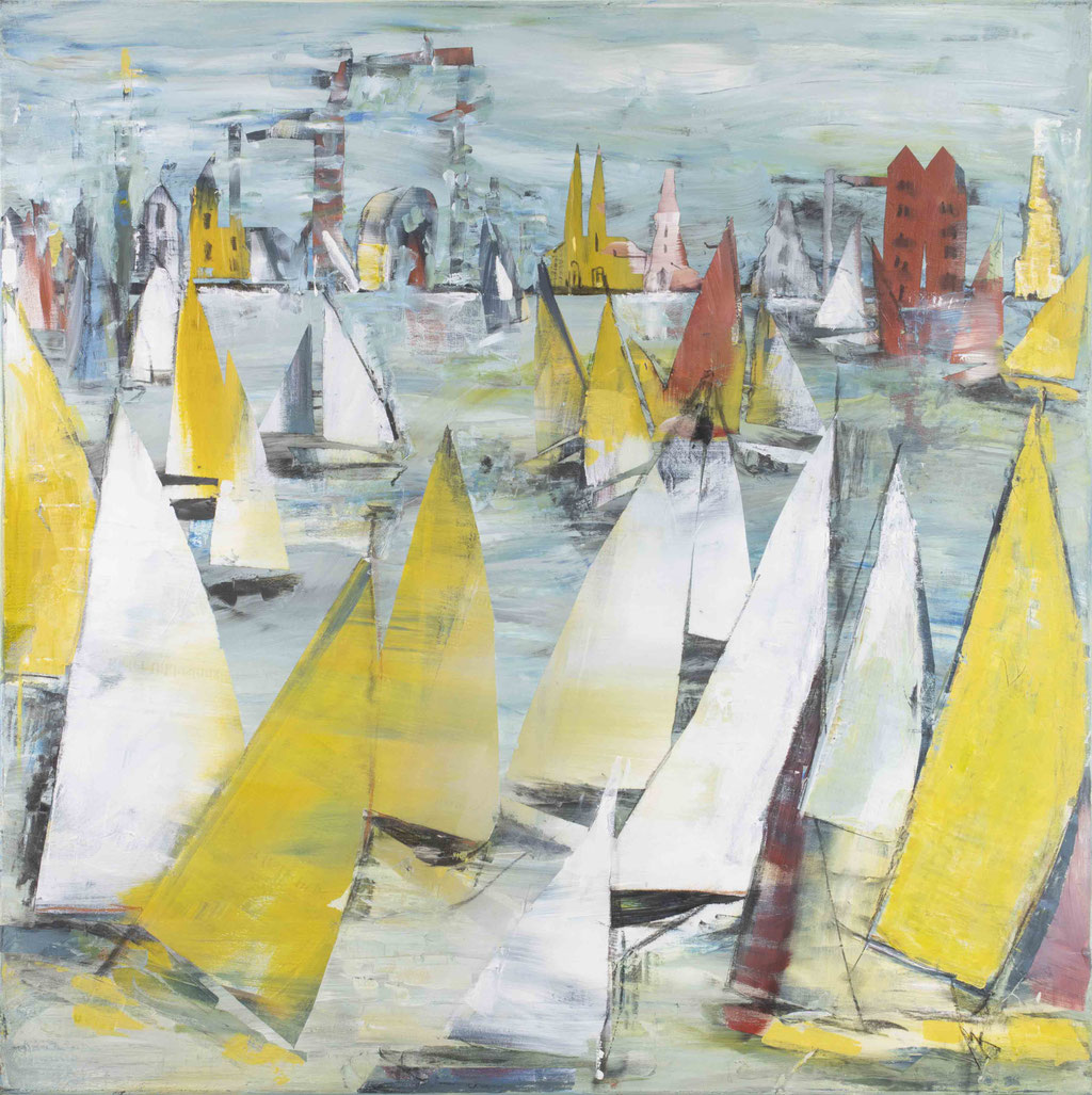 Monika Krömer - gelbe Segel mit Speicher, 100 x 100 cm, Acryl auf Leinwand