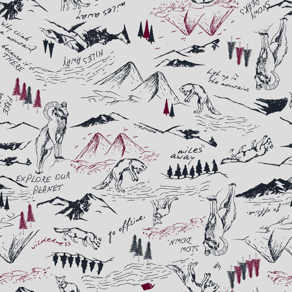 handdrawn allover pattern with mountain animals