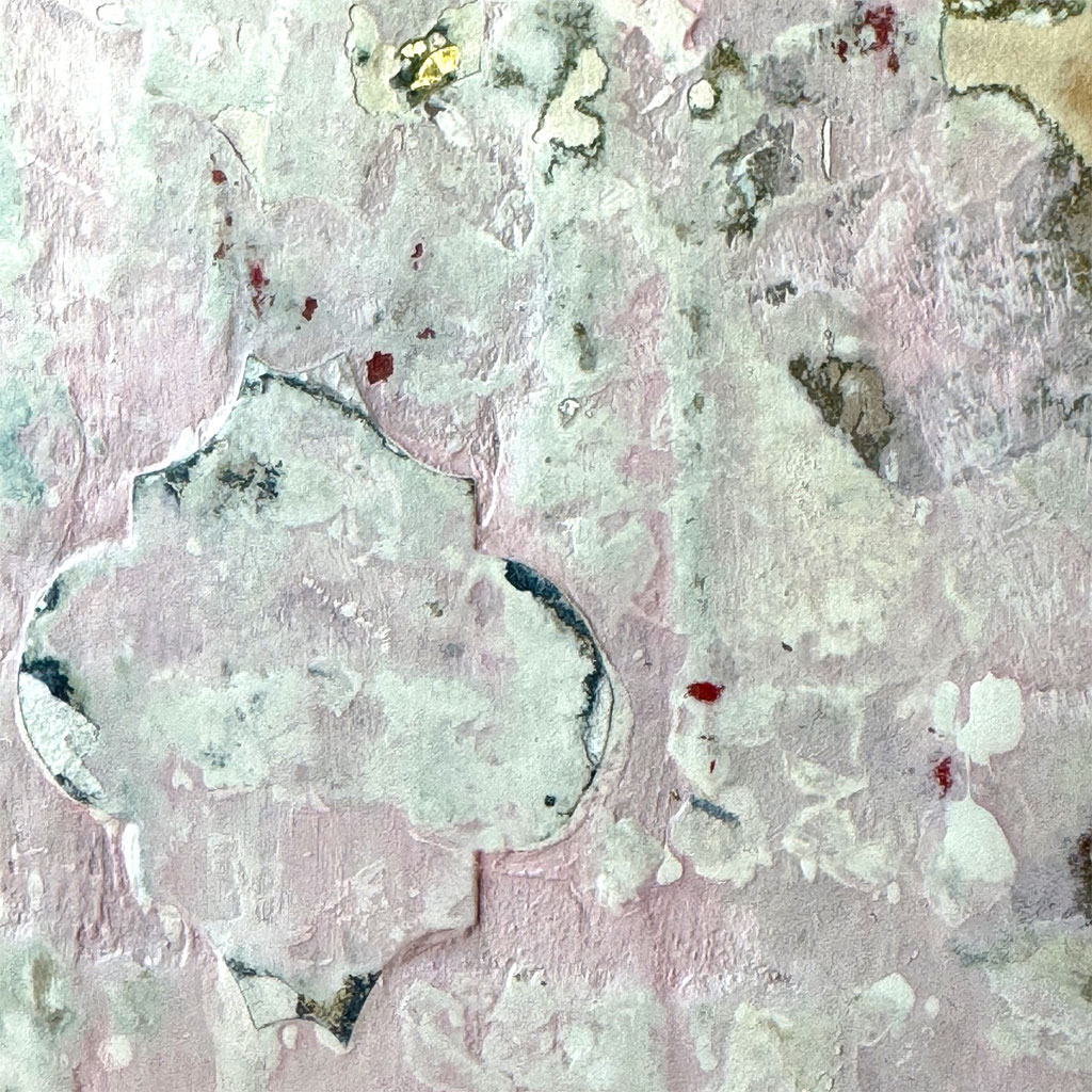 © Conni Altmann, Abstraktes Gemälde "Just beneath the surface", Mixed Media mit Schlagmetall gold auf Sperrholz, ca. 80 x 80 x 2 cm, www.ateliertantetrulla.de