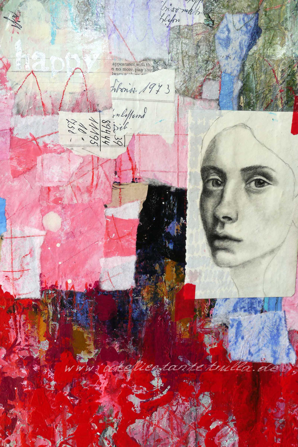 abstraktes Gemaelde Collage mit Gesicht rot blau