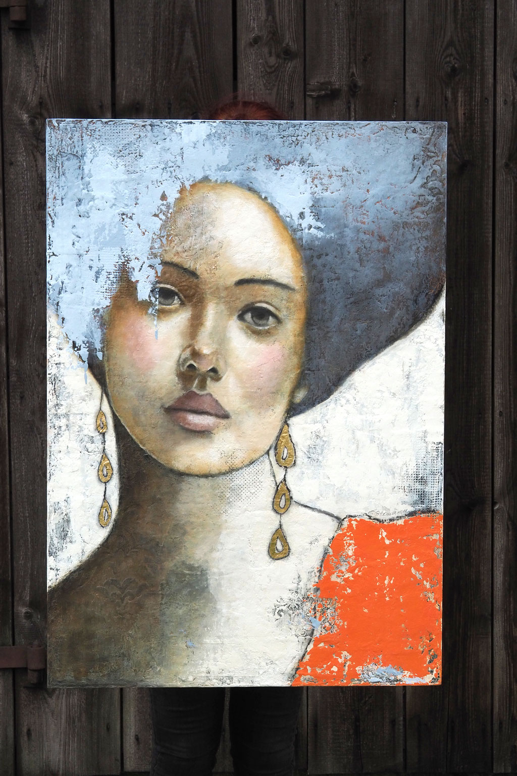 © Conni Altmann, Originalgemälde "Orange is her fave", Mischtechnik mit Schlagmetall Gold auf Sperrholz, ca. 70 x 100 x 2 cm