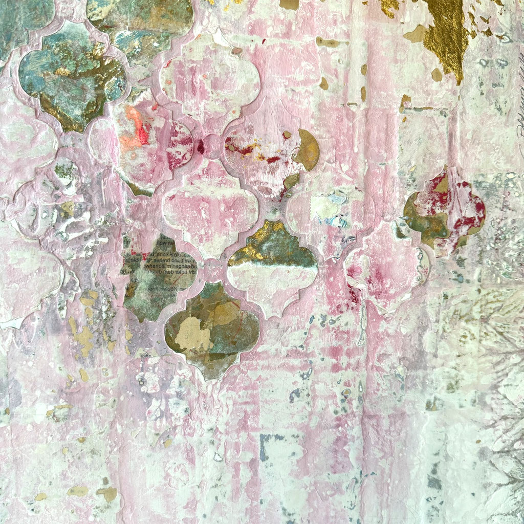 © Conni Altmann, Abstraktes Gemälde "Just beneath the surface", Mixed Media mit Schlagmetall gold auf Sperrholz, ca. 80 x 80 x 2 cm, www.ateliertantetrulla.de