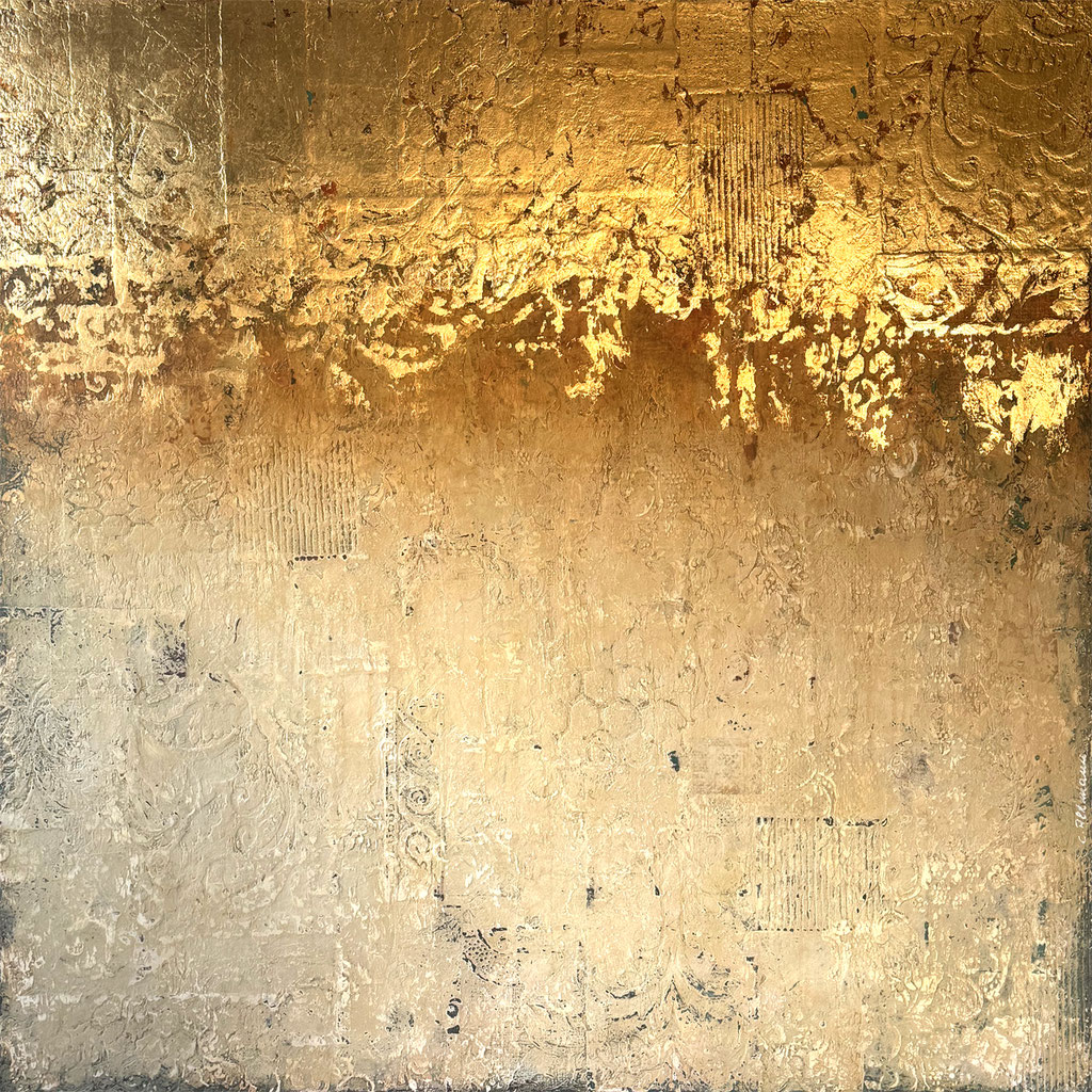 © Conni Altmann, Abstraktes Gemälde "Golden hour", Mixed Media mit Schlagmetall gold auf Sperrholz, ca. 100 x 100 x 2 cm, www.ateliertantetrulla.de