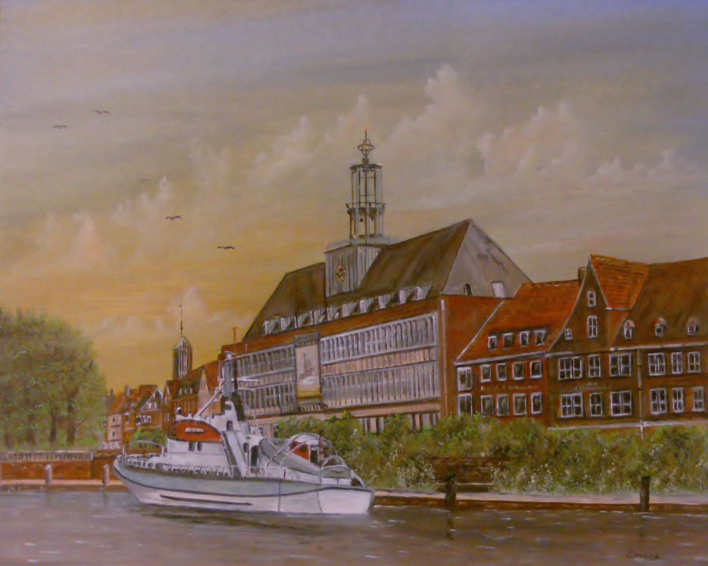 Emden mit Rathaus (Öl auf HDF Platte 24 x 30 cm) 11.2022