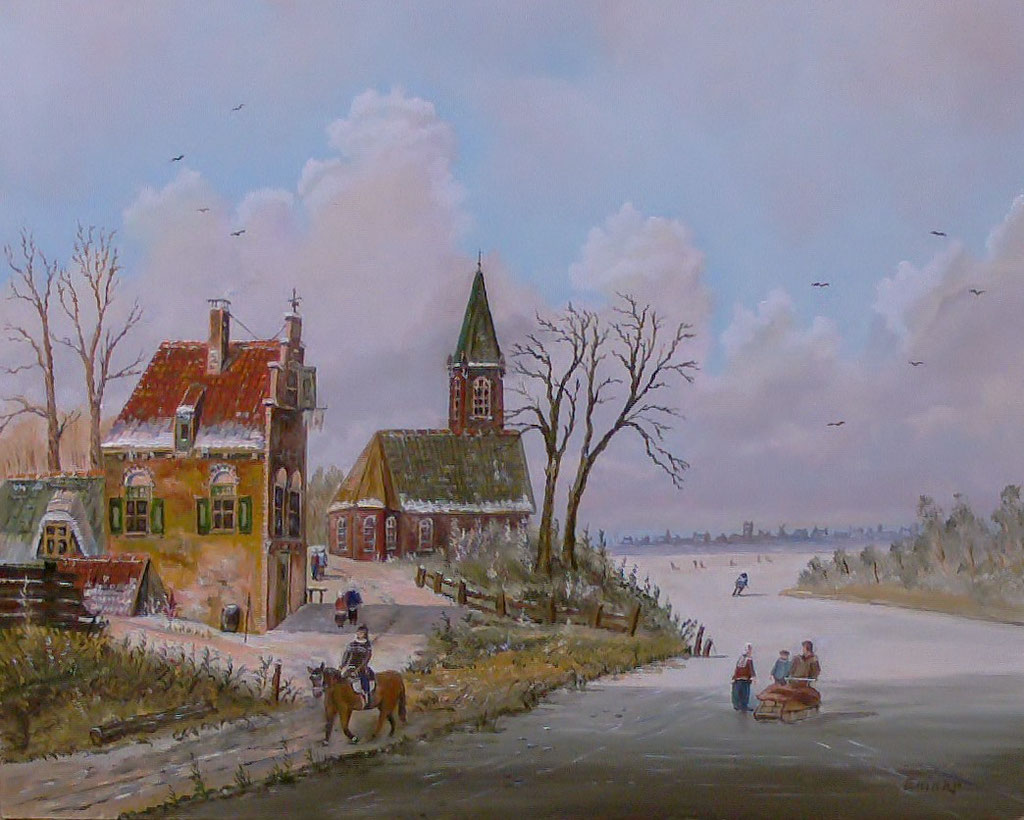 Winterstimmung 4 (Öl auf Malplatte 25 x 30 cm) holländische Malerei,Gracht,Winter,Kirche,Menschen,Eis,Landschaft,zeitgenössischer Maler,