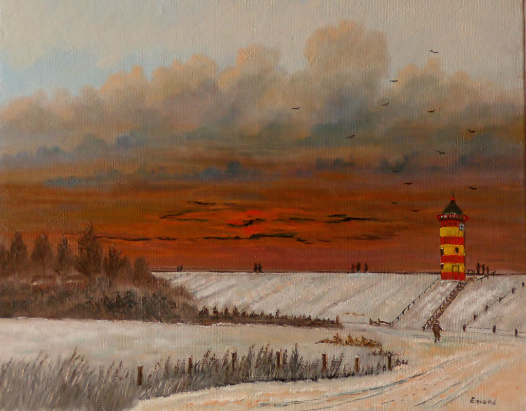 Winterstimmung am Deich mit Pilsumer Leuchtturm(Öl auf Karton 24x30cm)#Malerei,#Pilsumer Leuchtturm,#Winter,#Deich,#Sonnenuntergang