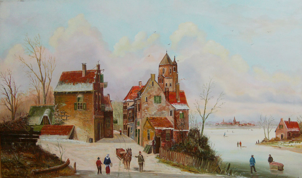 Holländische Gracht im Winter 2 ( 30 x 50 cm Öl auf Holzplatte)