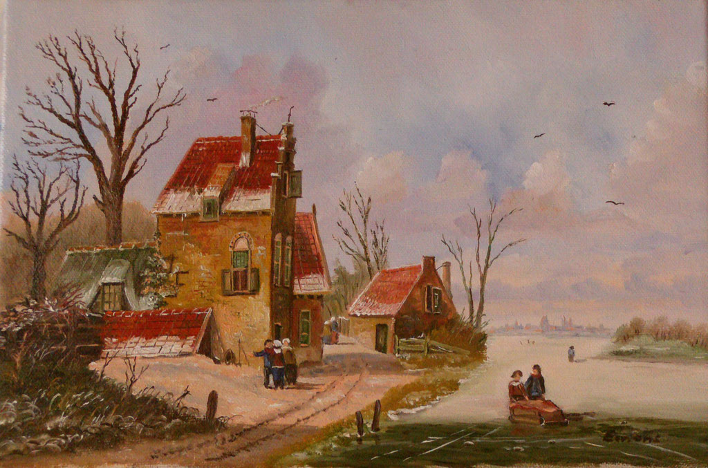 Holländische Gracht im Winter 2 (Öl auf Leinwand 20 x 30 cm) Gracht,Winter,holländische Malerei,Menschen.Landschaft,Häuser,zeitgenössisch,zeitgenössischer Maler,Bäume,Himmel