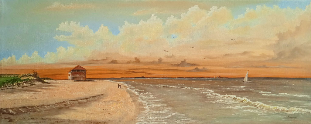 Hooksiel Strand Sonnenuntergang (Öl auf Leinwand 20 x 50 cm) 052021 #Nordsee #Hooksiel #Wangerland #Friesland #Emons #Kunstmaler #Ölgemälde #Sonnenuntergang #Wattenmeer #zeitgenössischer Maler #Himmel #Wolken #Strand #