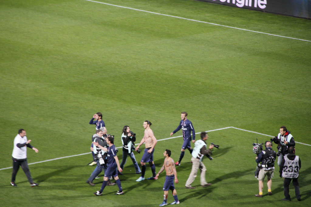 Le PSG laisse éclater sa joie, lors de sa victoire contre l'OL - Lyon - Gerland - Mai 2013  © Anik COUBLE