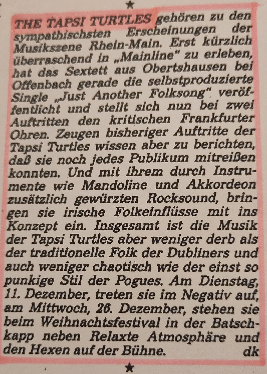 Tapsi Turtles, Frankfurter Rundschau, Dez. 1990