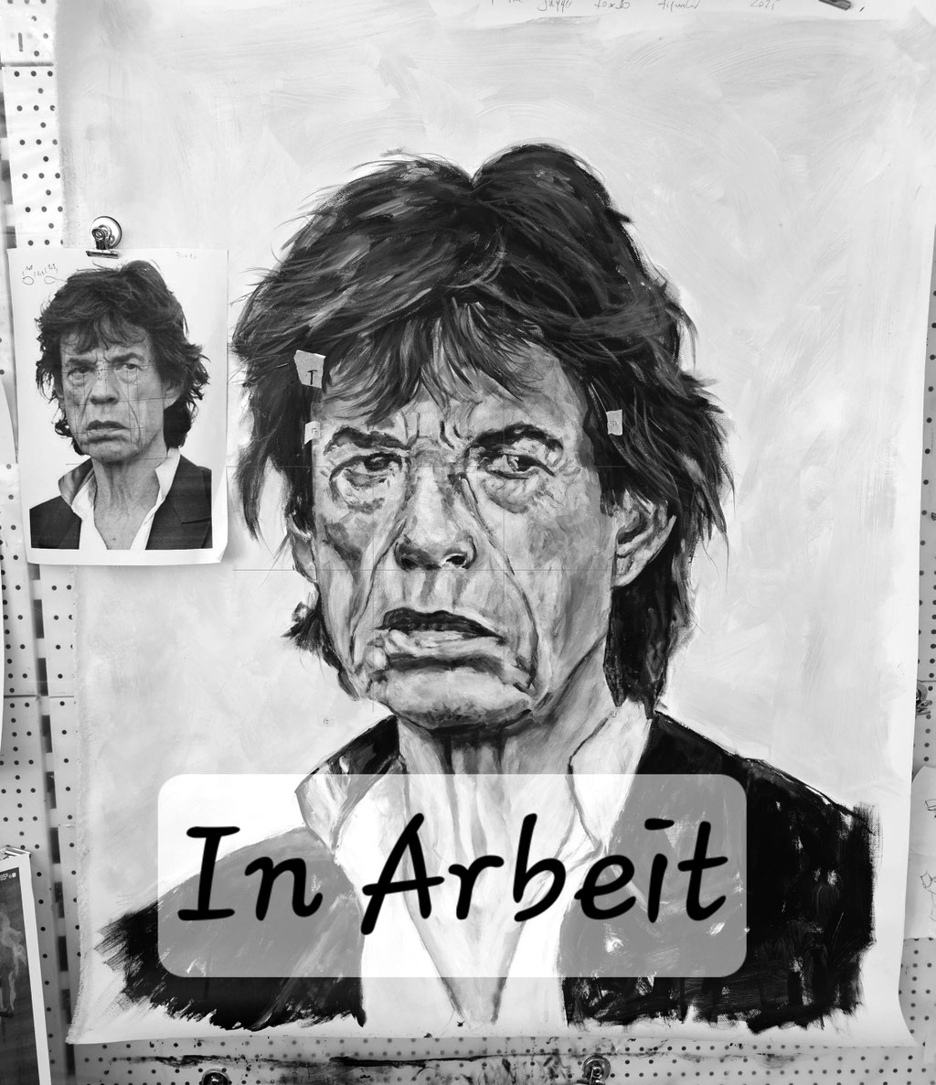 Mick Jagger, Portrait in Arbeit, Leinwand 70x90 cm 