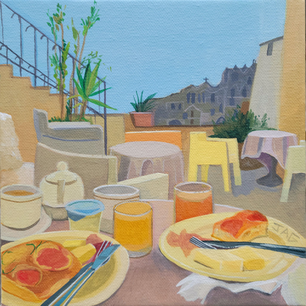 'Breakfast in Matera' acrylic on canvas, 2024, 20 x 20cm - NFS