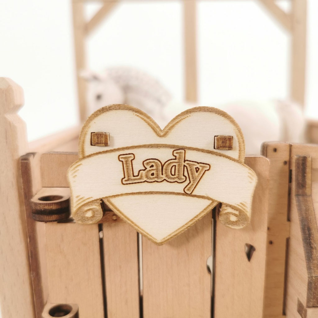 Ein graviertes Stallschild aus Holz hängt dank passgenauem Haken an der Tür meiner Pferdebox für Schleich® Figuren.