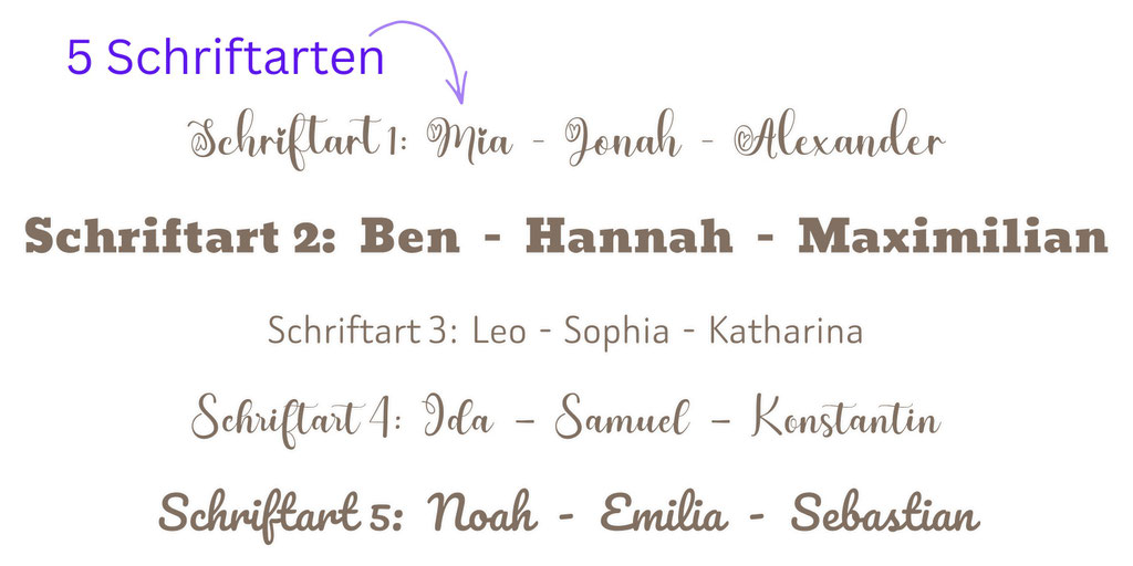 Grafische Darstellung der fünf auswählbaren Schriftarten für die personalisierte Namensgravur auf den Holz-Leselinealen