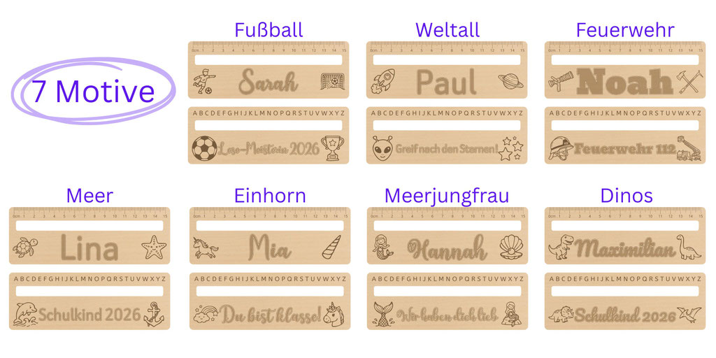 Übersicht von sieben verschiedenen Gravur-Motiven für Holz-Leselineale mit den Themen Fußball, Weltall, Feuerwehr, Meer, Einhorn, Meerjungfrau und Dinos