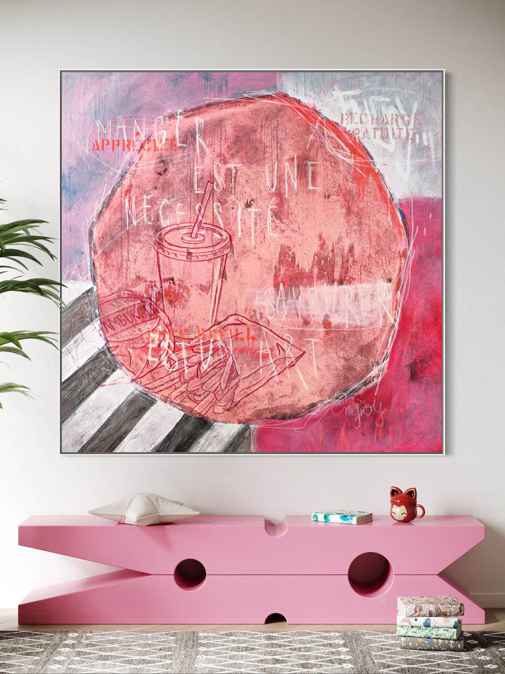 ("Essen ist eine Notwendigkeit, Genießen eine Kunst.")  2026  Technik: Mixed Media auf Leinwand  Format: 150 x 150 cm