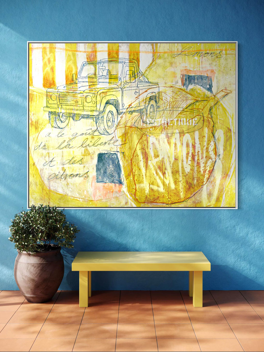 ("Ästhetik schmeckt nach Freiheit und Zitronen.")  2026  Technik: Mixed Media auf Leinwand  Format: 150 x 120 cm