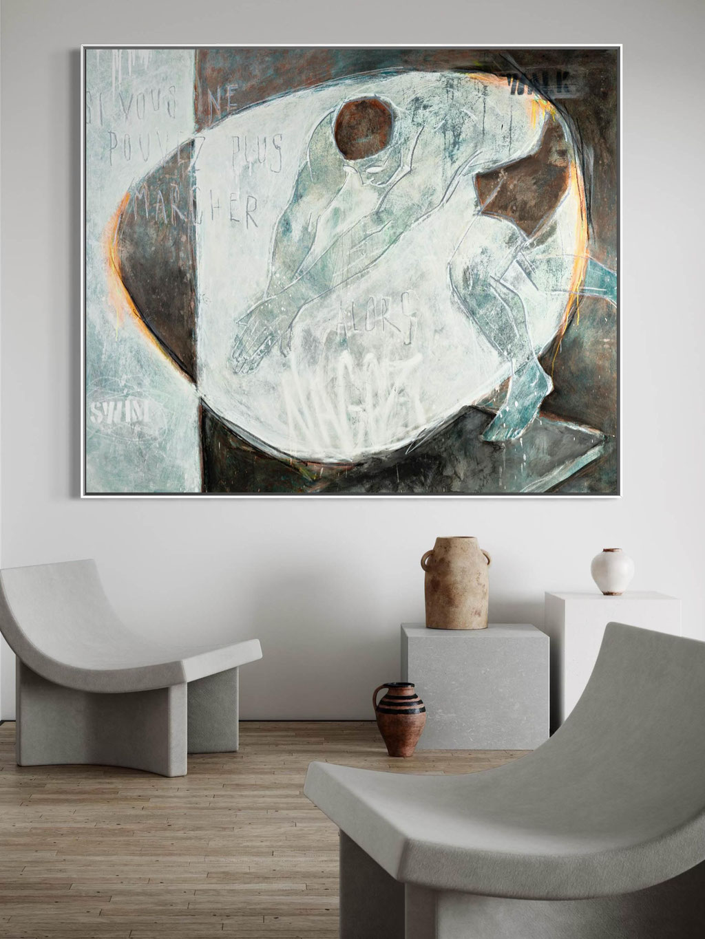 ("Wenn Du nicht mehr laufen kannst, dann schwimme.")  2026  Technik: Mixed Media auf Leinwand  Format: 180 x 150 cm