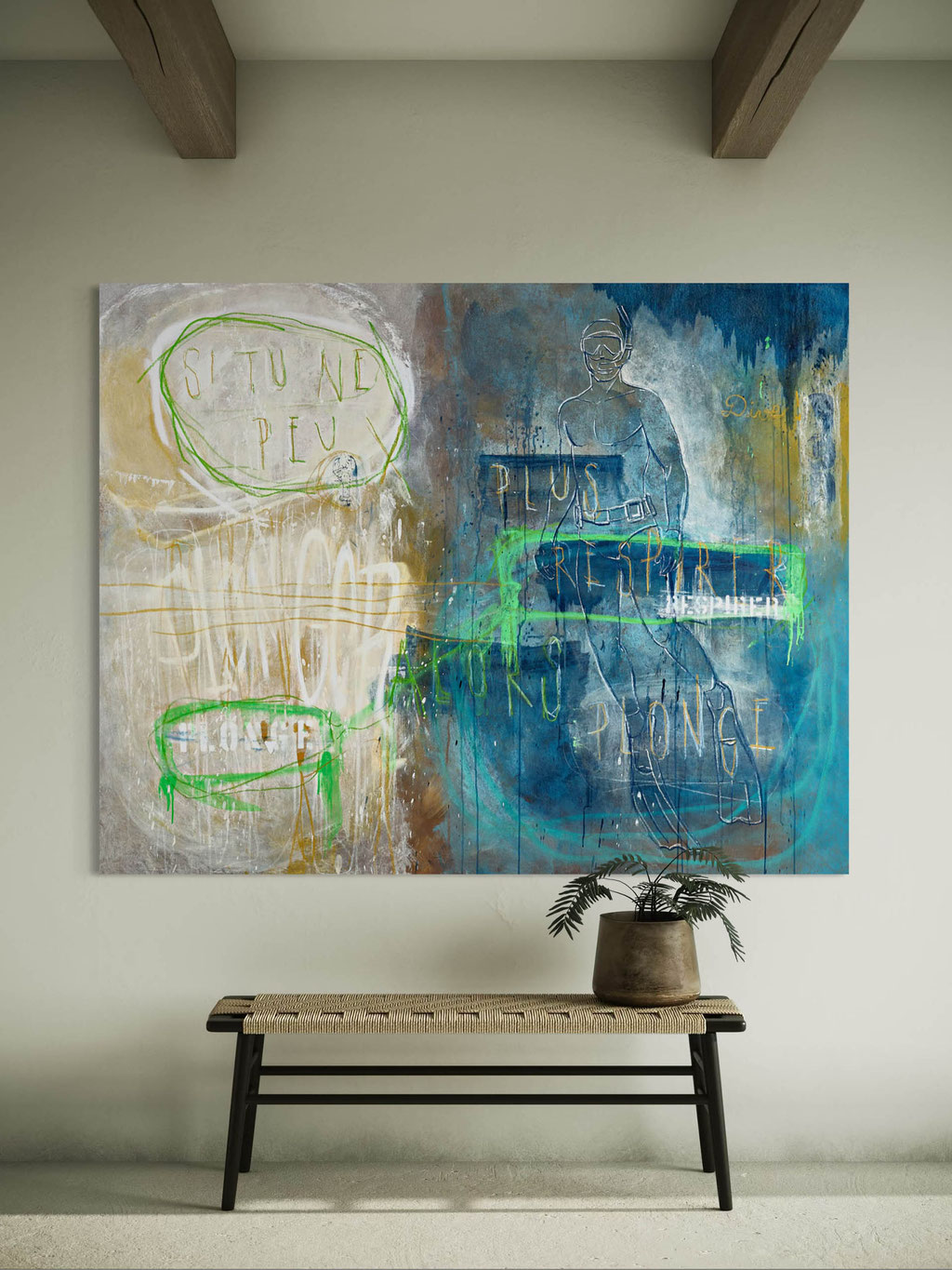 ("Wenn Du nicht mehr atmen kannst, dann tauche.")  2026  Technik: Mixed Media auf Leinwand  Format: 190 x 150 cm