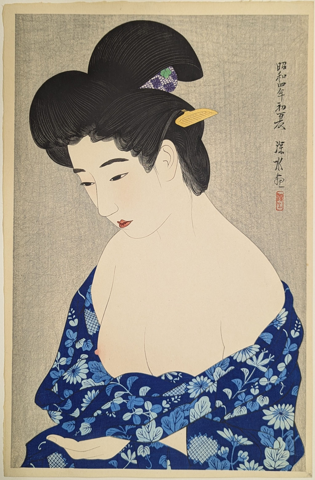 伊東深水の新版画シリーズ「現代美人集第二輯」より「髪」の図です。