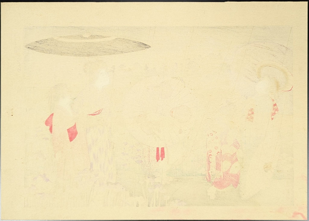 雨の中、和傘をさして燕子花の群生地で佇む子供たちと空を舞うツバメたちが描かれています。