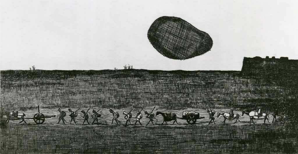 Elegy for a New Conscript: A Flabby Sun Rises / etching / 8.9×17.6cm / 1952　「初年兵哀歌（ぐにゃぐにゃとした太陽がのぼる）」エッチング / Image: Courtesy HIRO GALLERY