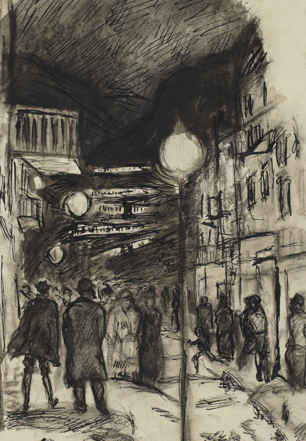 Max Beckmann (1884–1950) Abendliche Straßenszene, 1913 (?) Feder in Schwarz, und schwarze Pastellkreide, laviert 252 × 177 mm Sammlung Hans Kinkel im Germanischen Nationalmuseum, Nürnberg Foto: Monika Runge