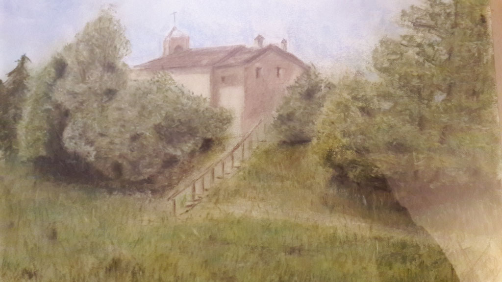 Franco Lambertini "Veduta della chiesa di San Lorenzo del Farneto" pastello su carta 35x50 donazione base € 50