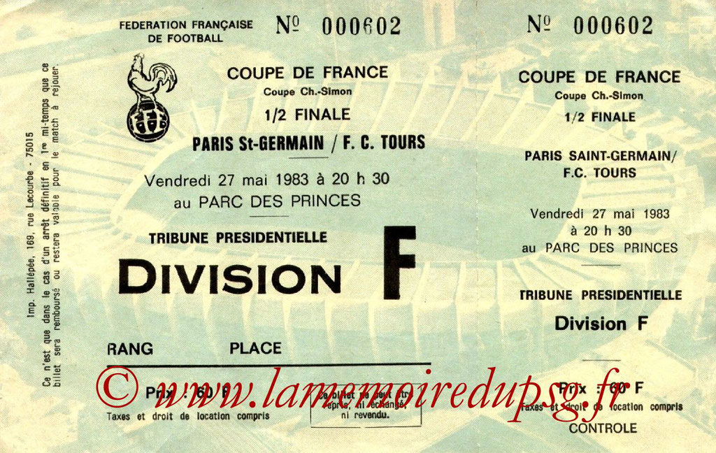 Ticket  PSG-Tours  1982-83