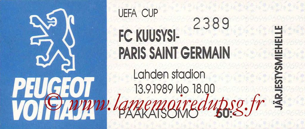 Ticket  Kuusysi Lahti-PSG  1989-90